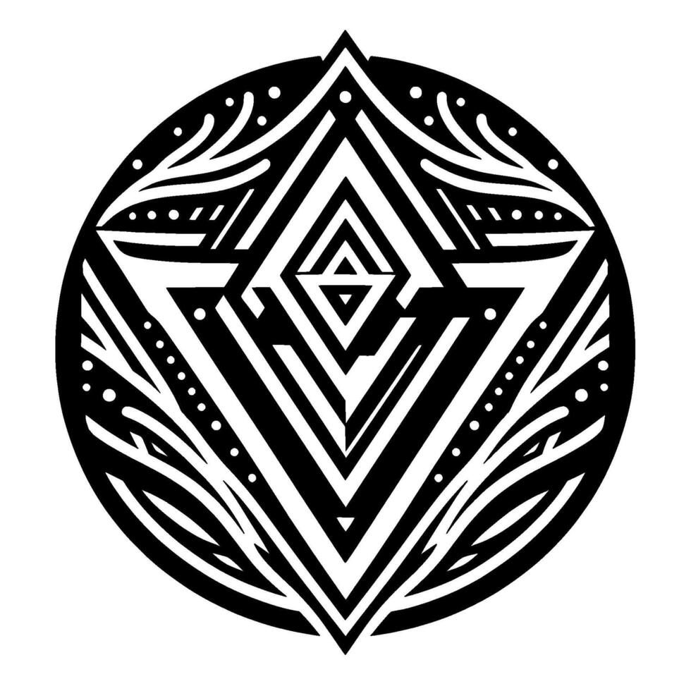 Black and White Geometric Mandala with Symmetrical Triangles, Circles, and Abstract Floral Elements. vector