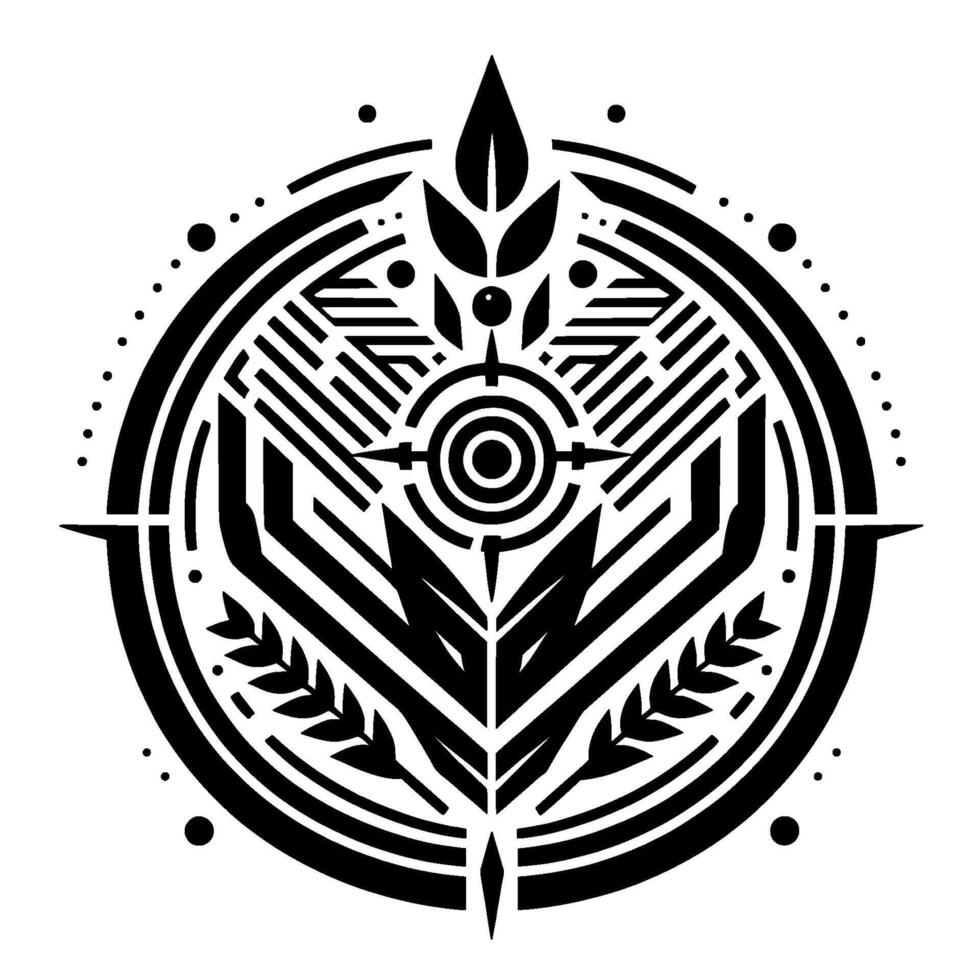 Circular Black and White Geometric Emblem with Floral Elements and Linear , Symbol of Balance. vector
