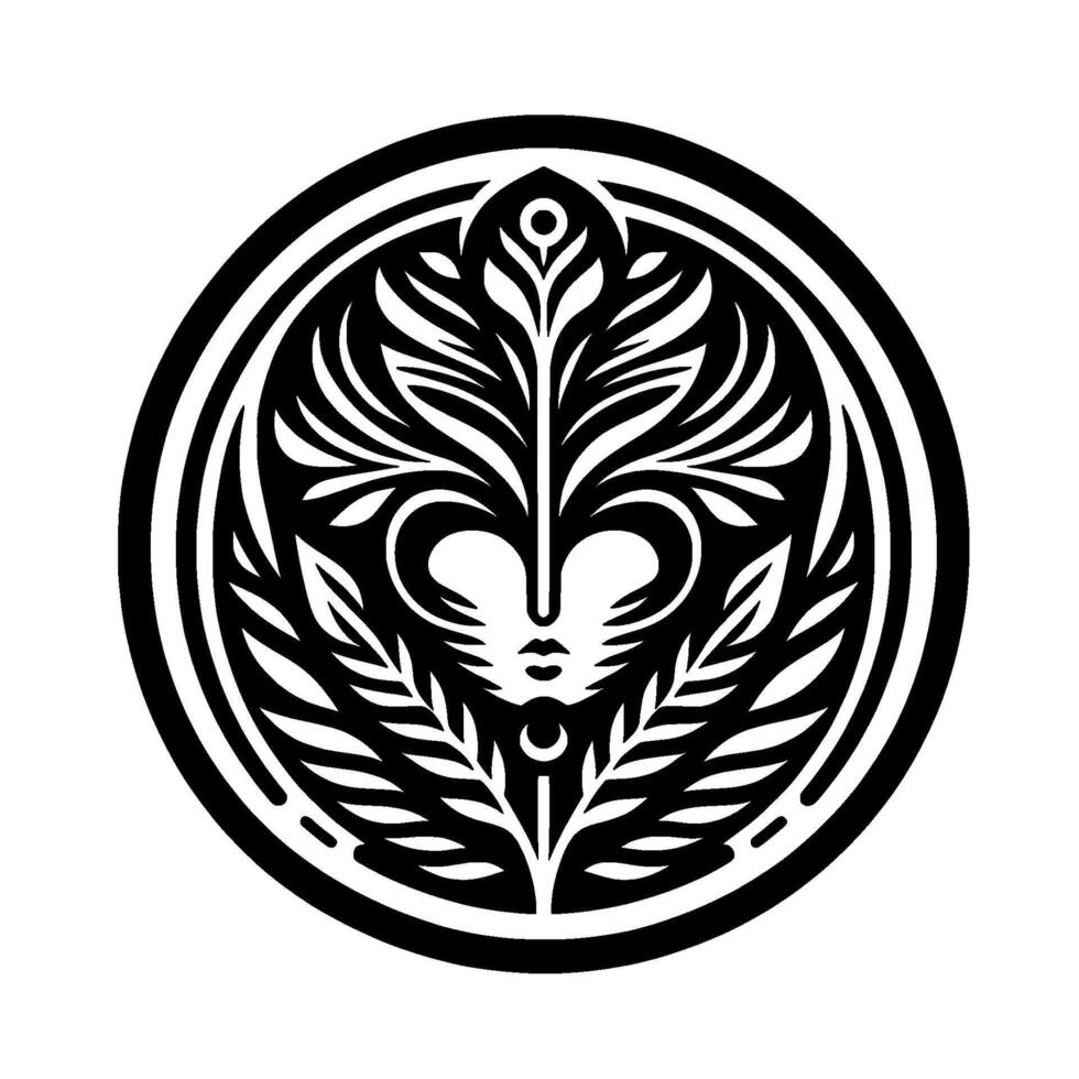 Elegant Black and White Circular A stylized face with leafy hair and facial features, encompassed by a round frame, evoking a natural and mystical atmosphere. vector