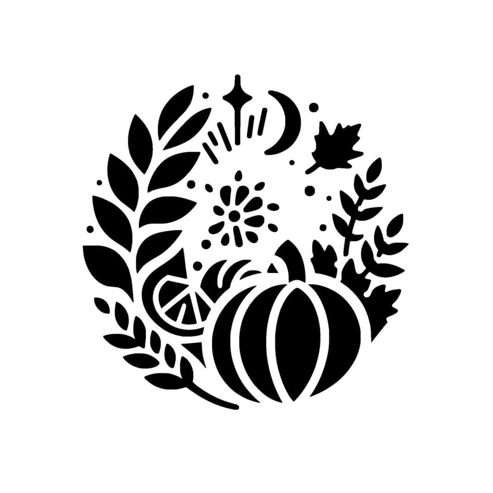 A circular black and white autumn illustration featuring a pumpkin, leaves, a moon, and other natural elements, creating a fall harvest . vector