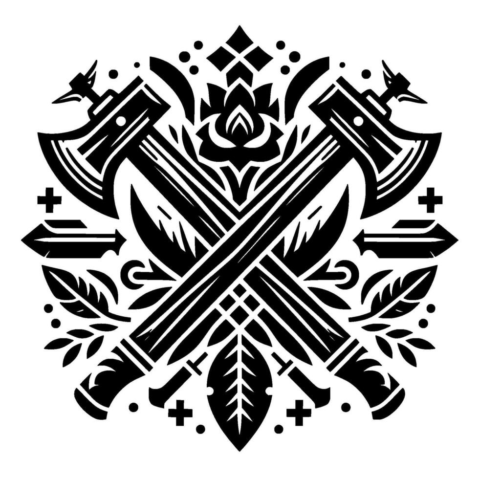 Stylized Black and White Crest Featuring Crossed Axes, Swords, a Rose, and Arrows. vector