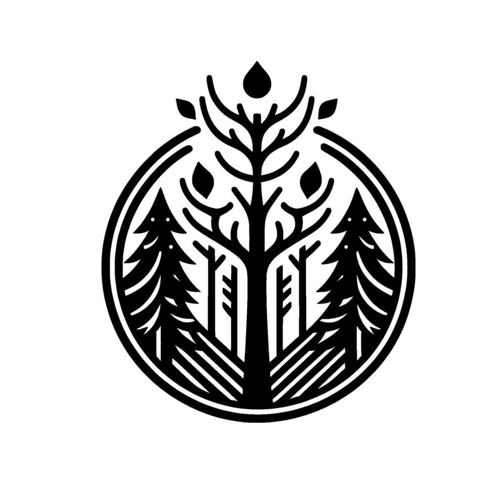 Minimalist Black and White Forest Badge Central Tree with Foliage, Pines, and a Circle Frame. vector