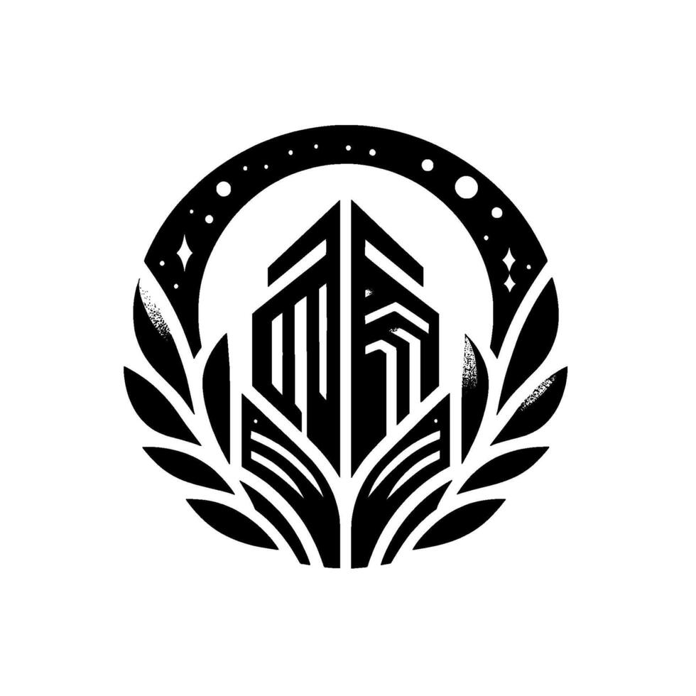 Black and white symmetrical featuring a modern geometric city skyline embraced by leafy elements and a celestial ring with stars. vector