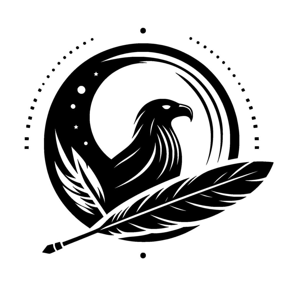 Intricate Black White Crest Eagle Silhouette Encircled with Moon Stars, Feather Symbol vector