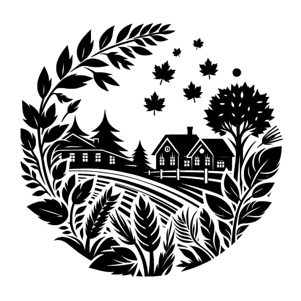 Circular Black and White Illustration of Rural Houses, Trees, Fields, and Falling Maple Leaves, Framed by Foliage. vector