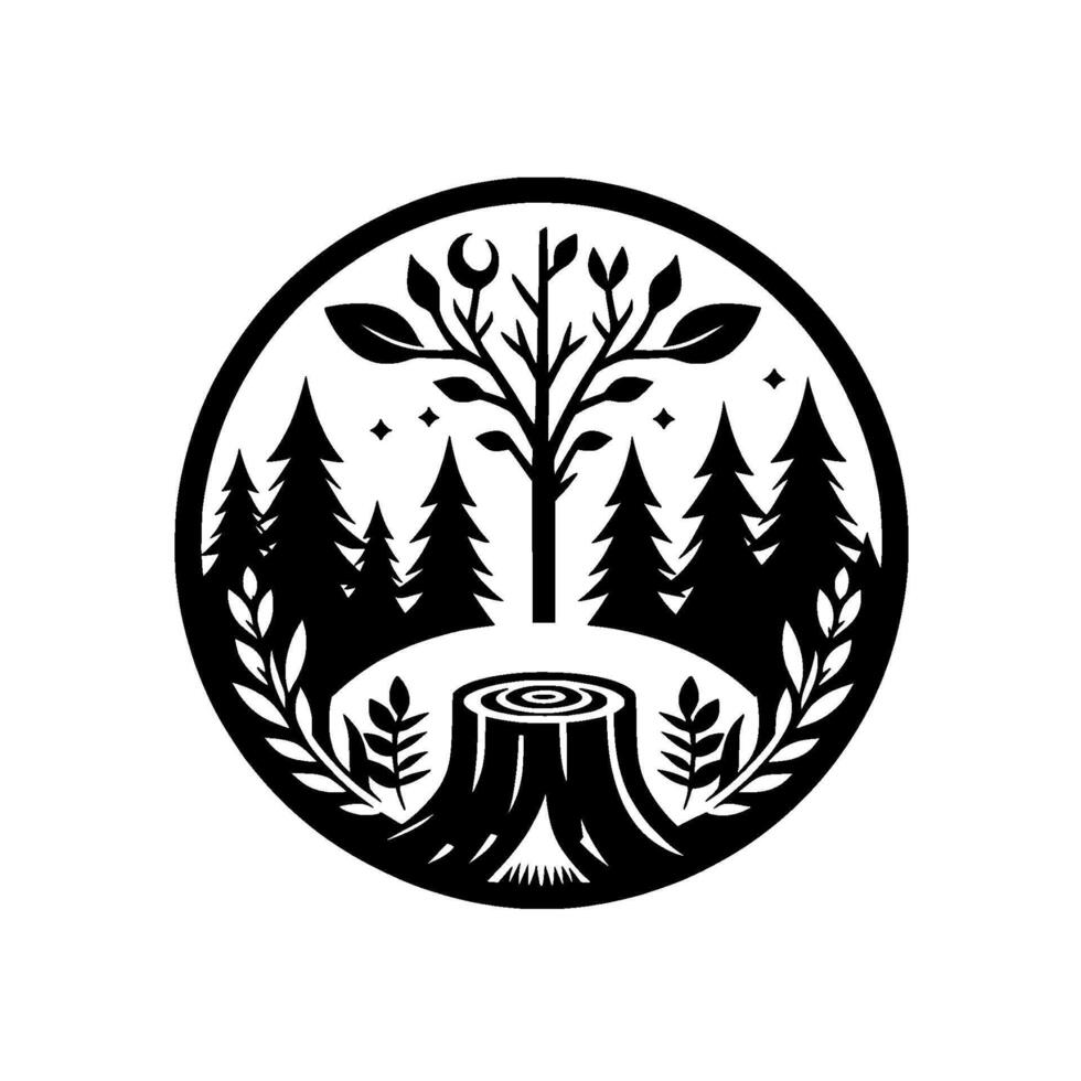 Stylized black and white forest scene in a circle, featuring a tree stump, budding tree with a crescent moon, and surrounding evergreen trees with a minimalist . vector
