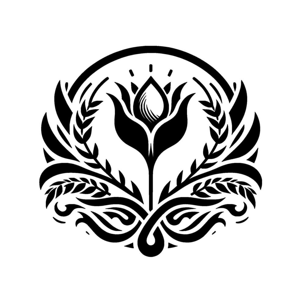 Intricate Black and White Floral Emblem A stylized symmetrical featuring a central bloom surrounded by a laurel wreath and decorative flourishes, evoking elegance. vector
