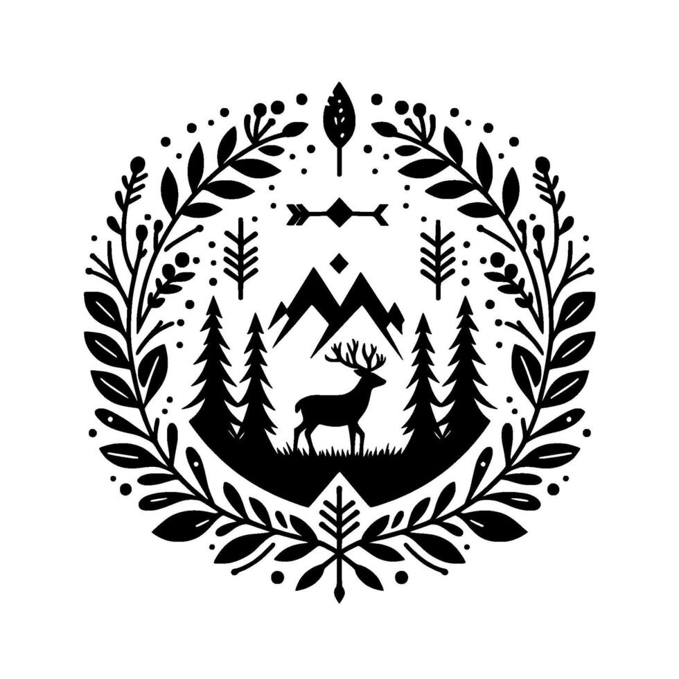 Silhouette of a deer amidst mountains and pine trees encircled by a floral wreath, a minimalist nature illustration. vector