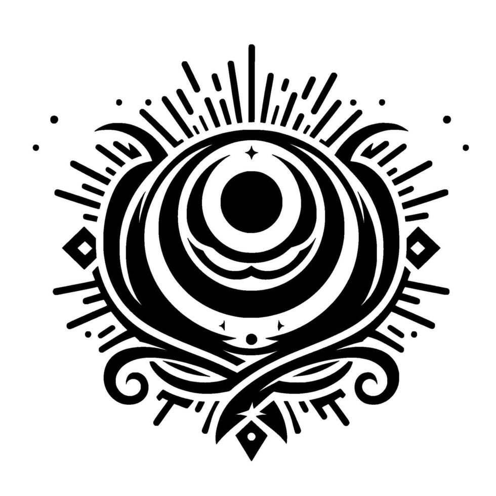 Circular Black and White Geometric Illustration with concentric shapes and radiant elements, resembling a tribal or spiritual emblem on a clean white background. vector