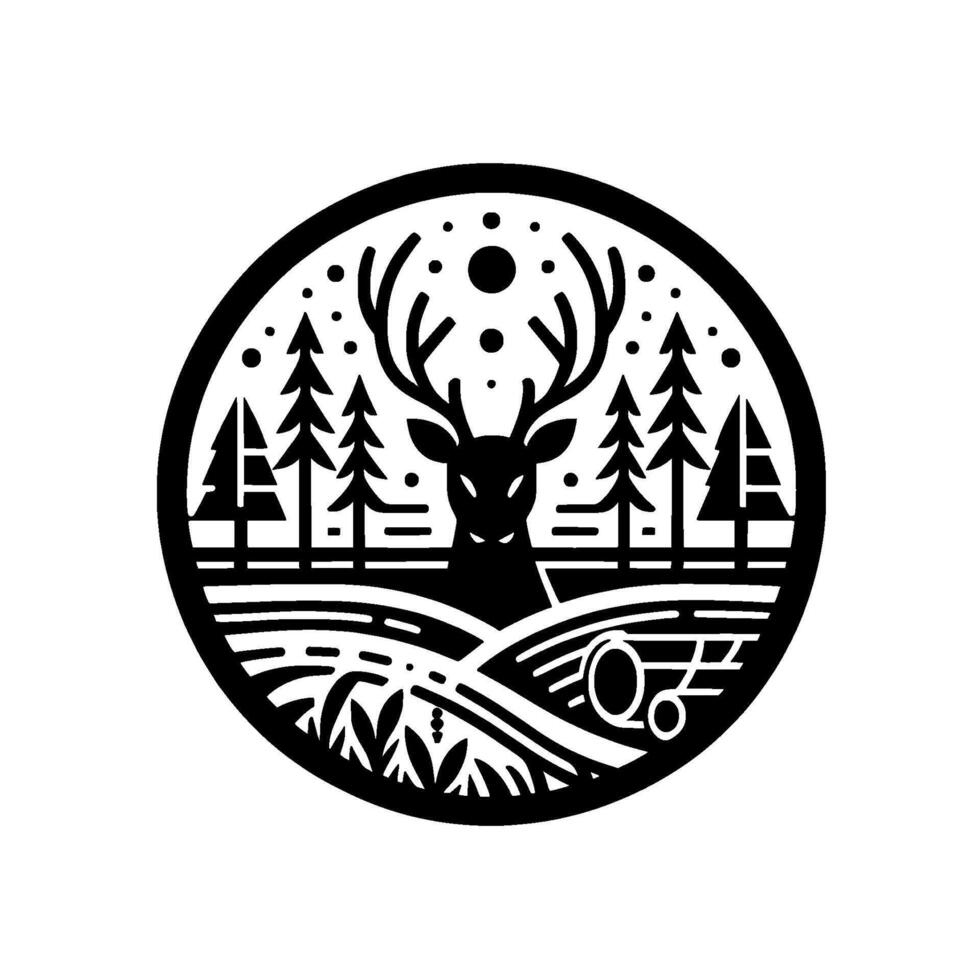 Silhouette of a majestic stag amidst a stylized forest landscape, enclosed within a circular frame, evoking wilderness. vector