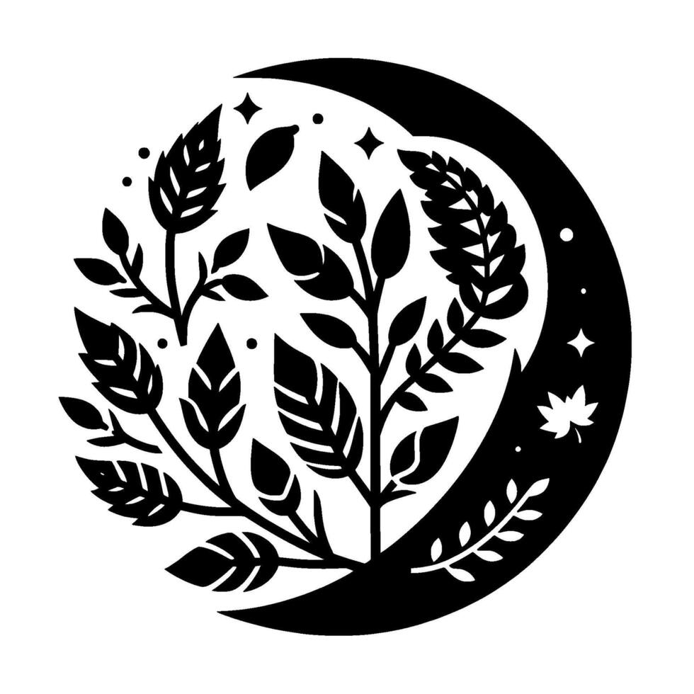 Black and White Illustration of a Crescent Moon Enclosing Branches, Leaves, and Stars in a Circular Composition. vector