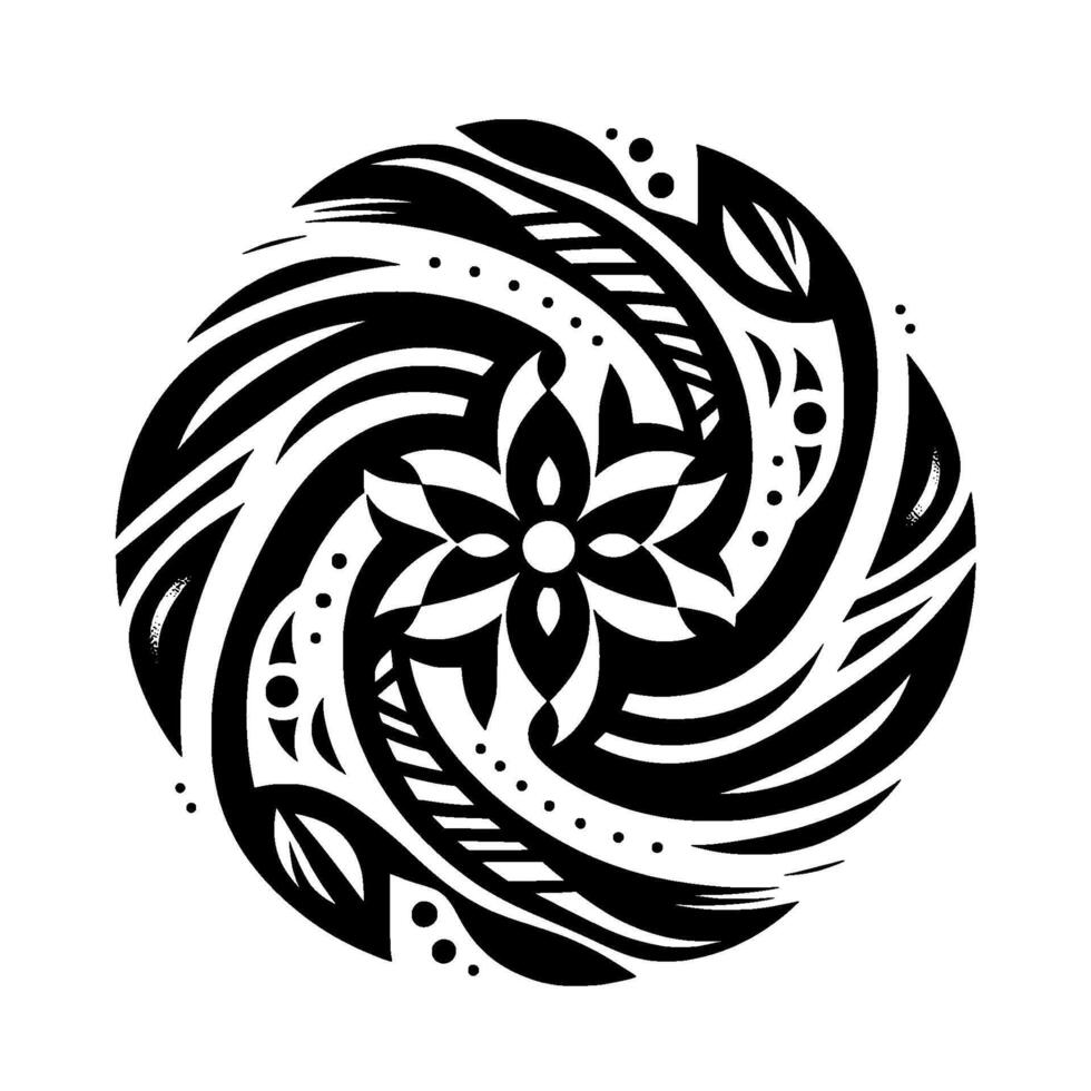 Intricate Black and White Circular with a Central Flower Motif and TribalInspired Geometric Patterns on a White Background. vector