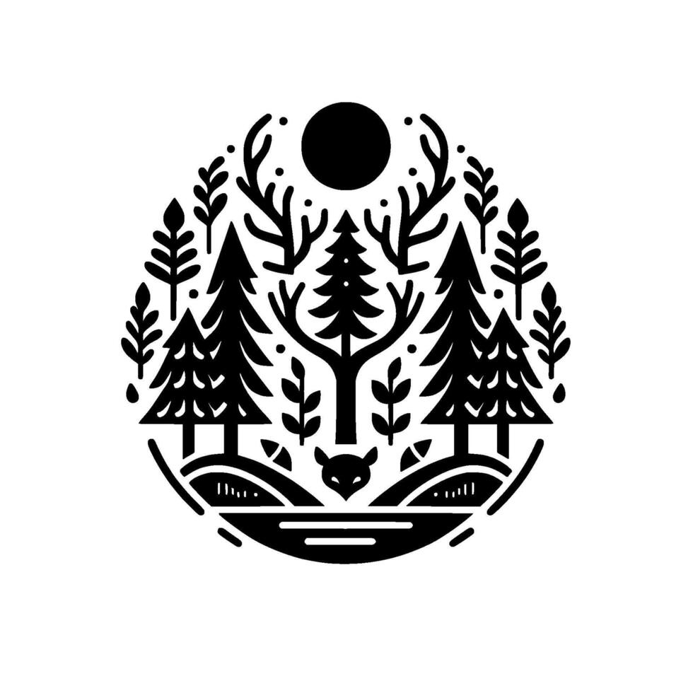 forest illustration in a circle with stylized trees, a fox, and a moon, showcasing a minimalist, style. vector