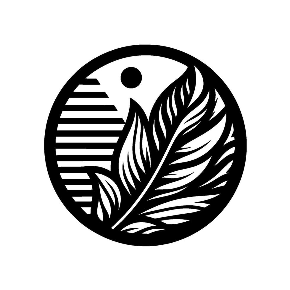 Black and white circular featuring stylized leaves, horizontal lines, and a dot, creating a balanced minimalist composition. vector