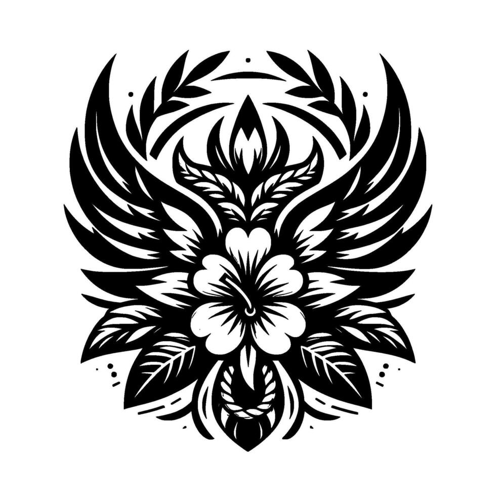 Intricate Floral with WingLike Petals and Leafy Accents in Black and White, Emphasizing Symmetry and Decorative Elegance. vector