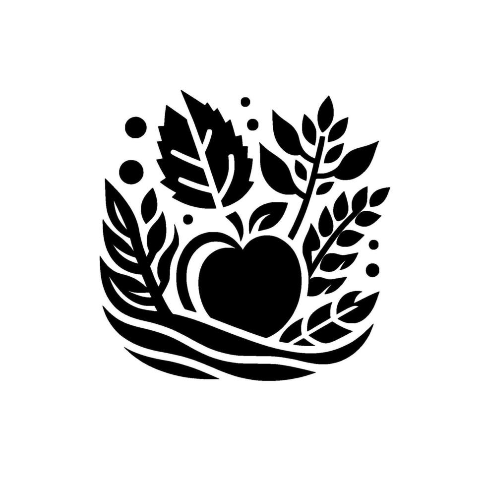 Symbolic Black and White Illustration Apple Foliage Circle, Minimalist for Nature, Food, Organic, Wellbeing. vector