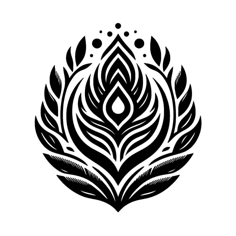Symmetrical Black and White Floral Mandala with Leafy Details and Dot Embellishments on White Background vector