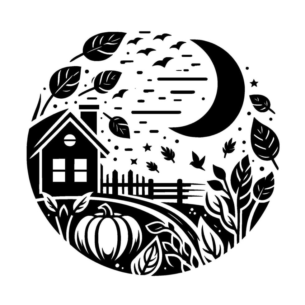 Black and White Round Silhouette Cozy Farmhouse Scene Under a Crescent Moon, with Pumpkin and Autumn Leaves, Artistic Illustration. vector