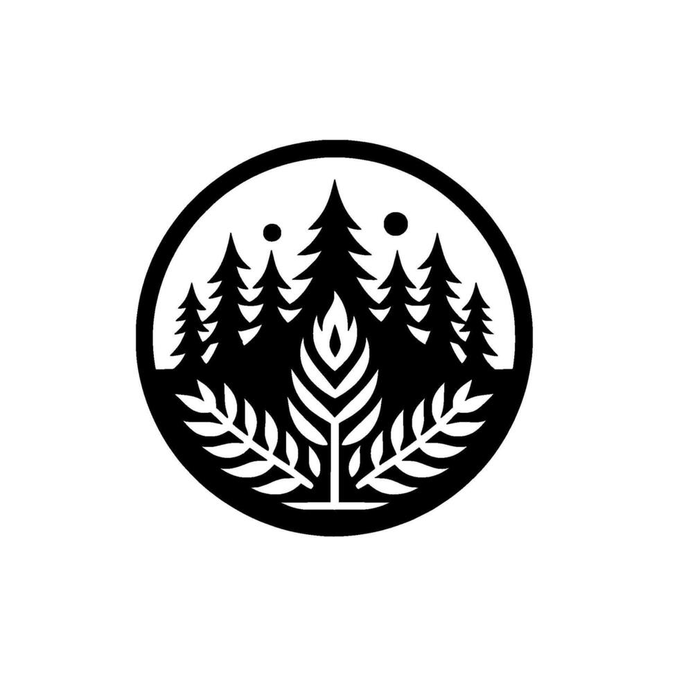 Stylized Black and White Circular Forest Scene Evergreen Trees, Foliage, and Two Celestial Spheres. vector