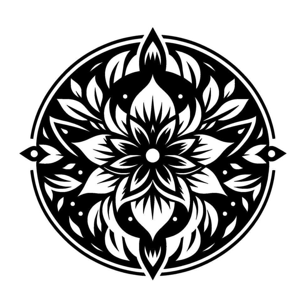 Symmetrical Black and White Floral Mandala within a Circle, Featuring Leafy Petals and Dots vector