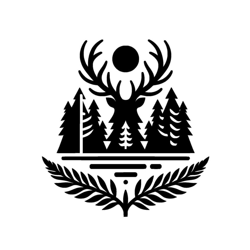 Stylized Black and White Forest Scene Deer Silhouette with Antlers, Conifers, and a Moon Above a Decorative Botanical Wreath vector