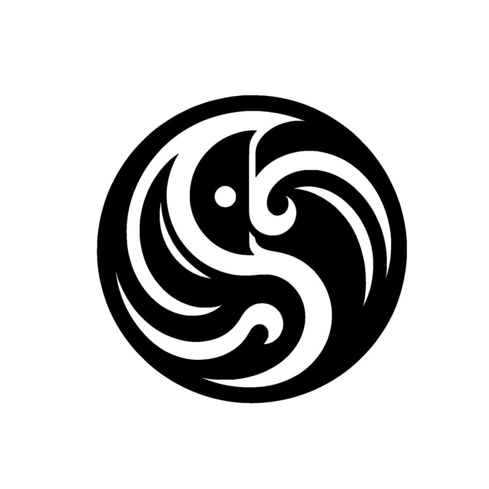 Black and White Abstract Yin YangInspired Symbol with Swirling SShapes Inside a Circle, Minimalist . vector