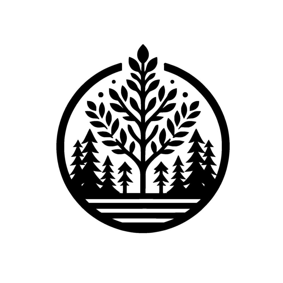 A stylized black and white nature emblem featuring a central leafy tree surrounded by pine trees, contained within a circular frame with a minimalist aesthetic. vector