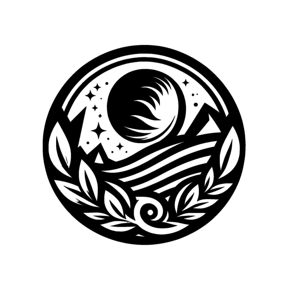 Circular Black and White Emblem Crescent moon over mountains, water, and stars, framed by leaves, conveying a sense of nature and tranquility. vector