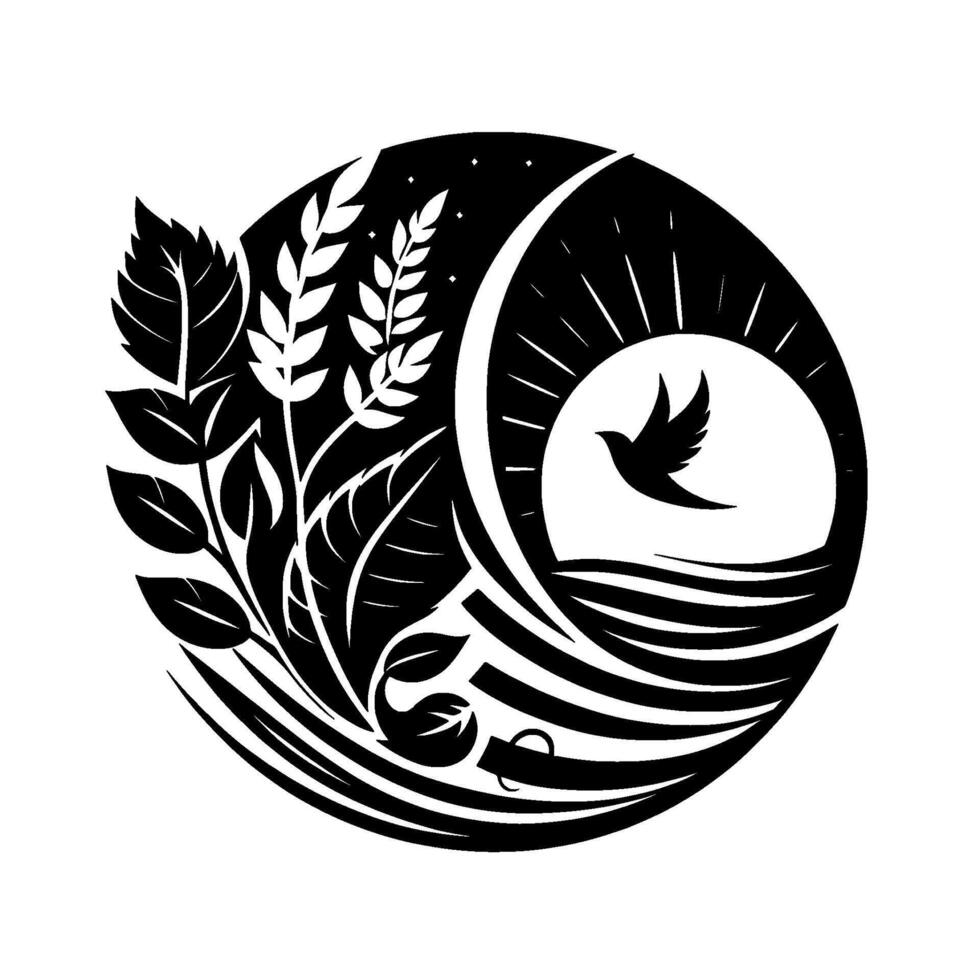 Monochrome Circle Art Wheat, Leaves, Starry Night, Rising Sun with Bird, NatureInspired vector