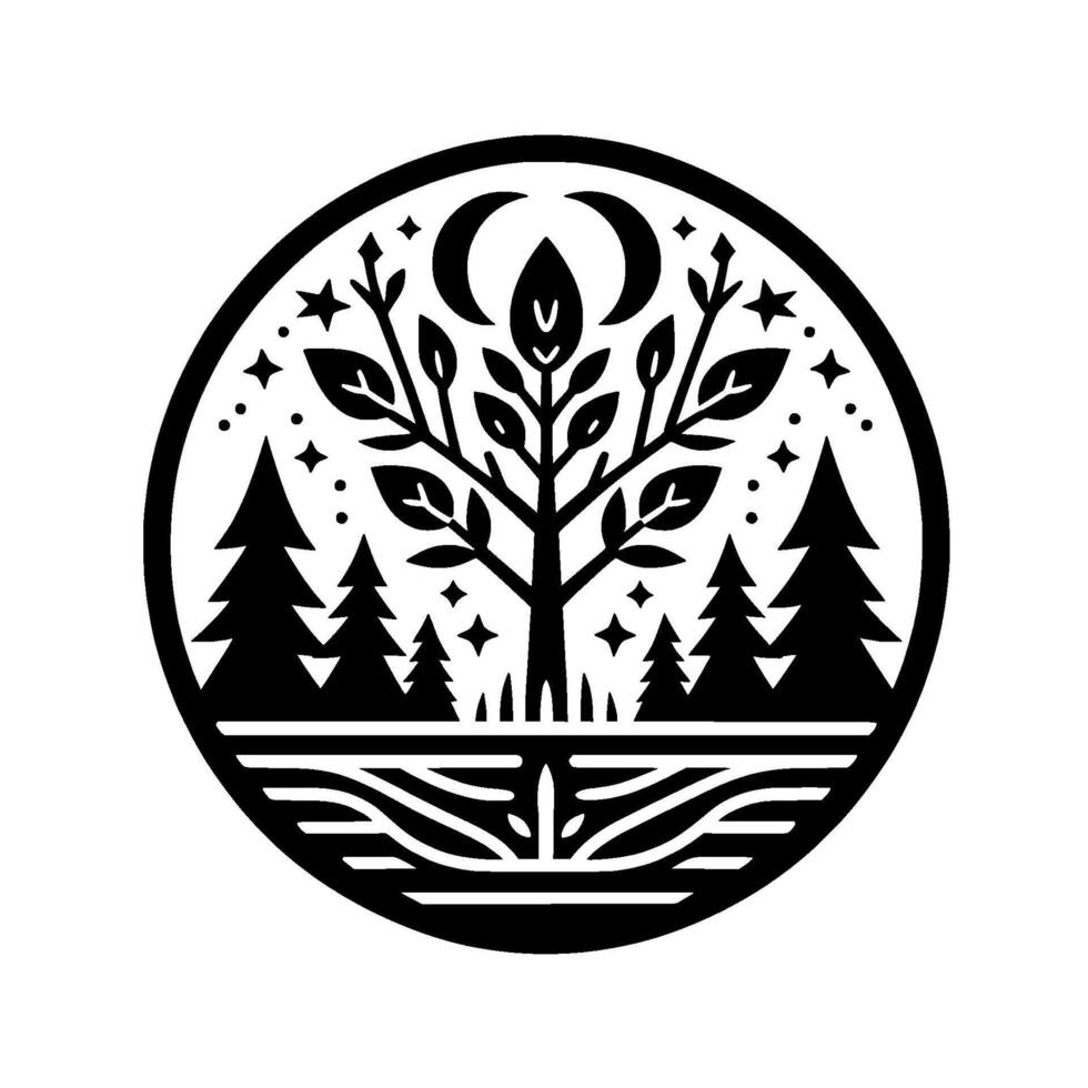 Circular Black and White Illustration A Tree and Forest Silhouette with Crescent Moons, Stars, and a Waterline, Evoking a Calm, NatureInspired Aesthetic. vector