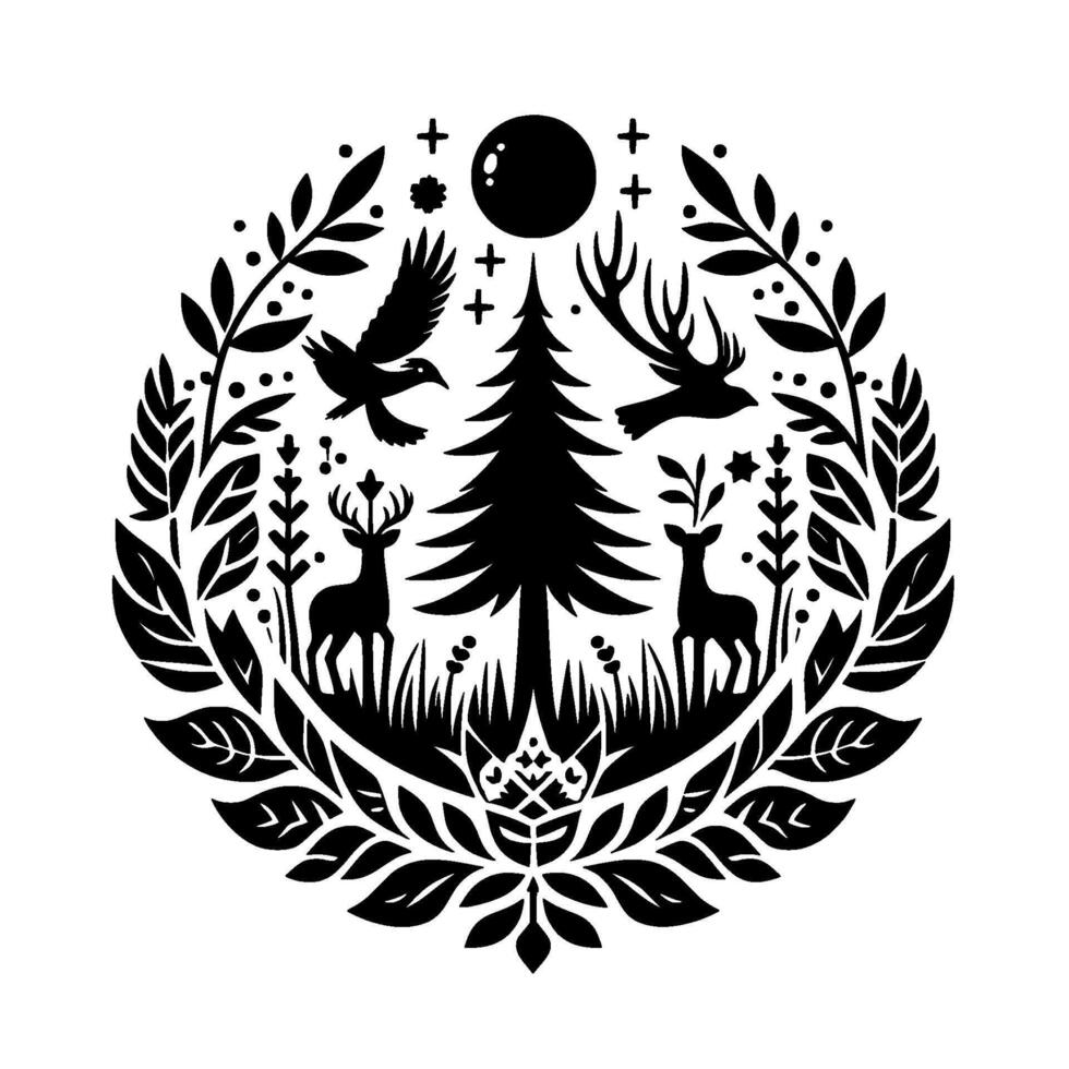 A symmetrical, black and white circular composition depicting woodland animals and foliage, including deer, eagle, birds, moon, trees, and stars. vector