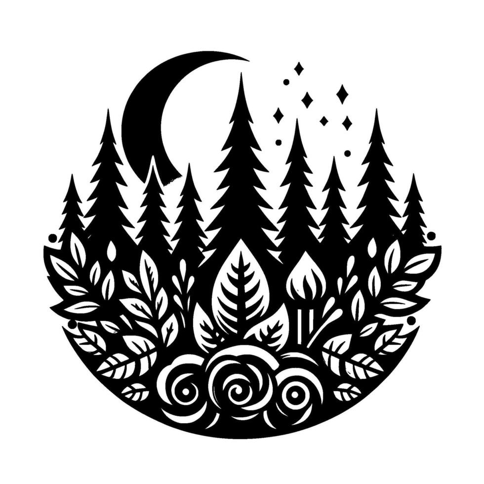 Circular Black and White Illustration Forest with Moon, Stars, Trees, Leaves, and Flowers, Artistic Silhouette . vector