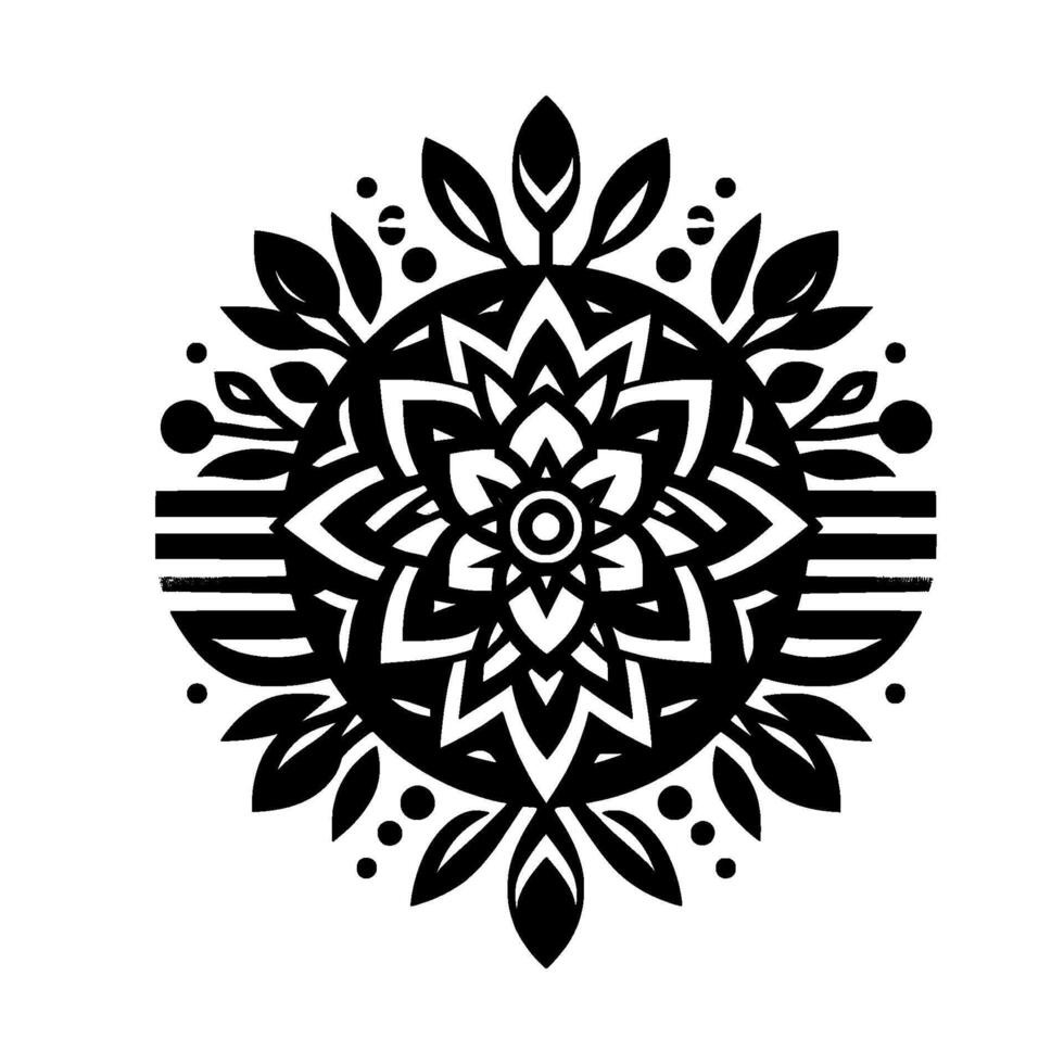 Intricate Black and White Floral Mandala with Leaves and Dots, Geometric on a White Background. vector