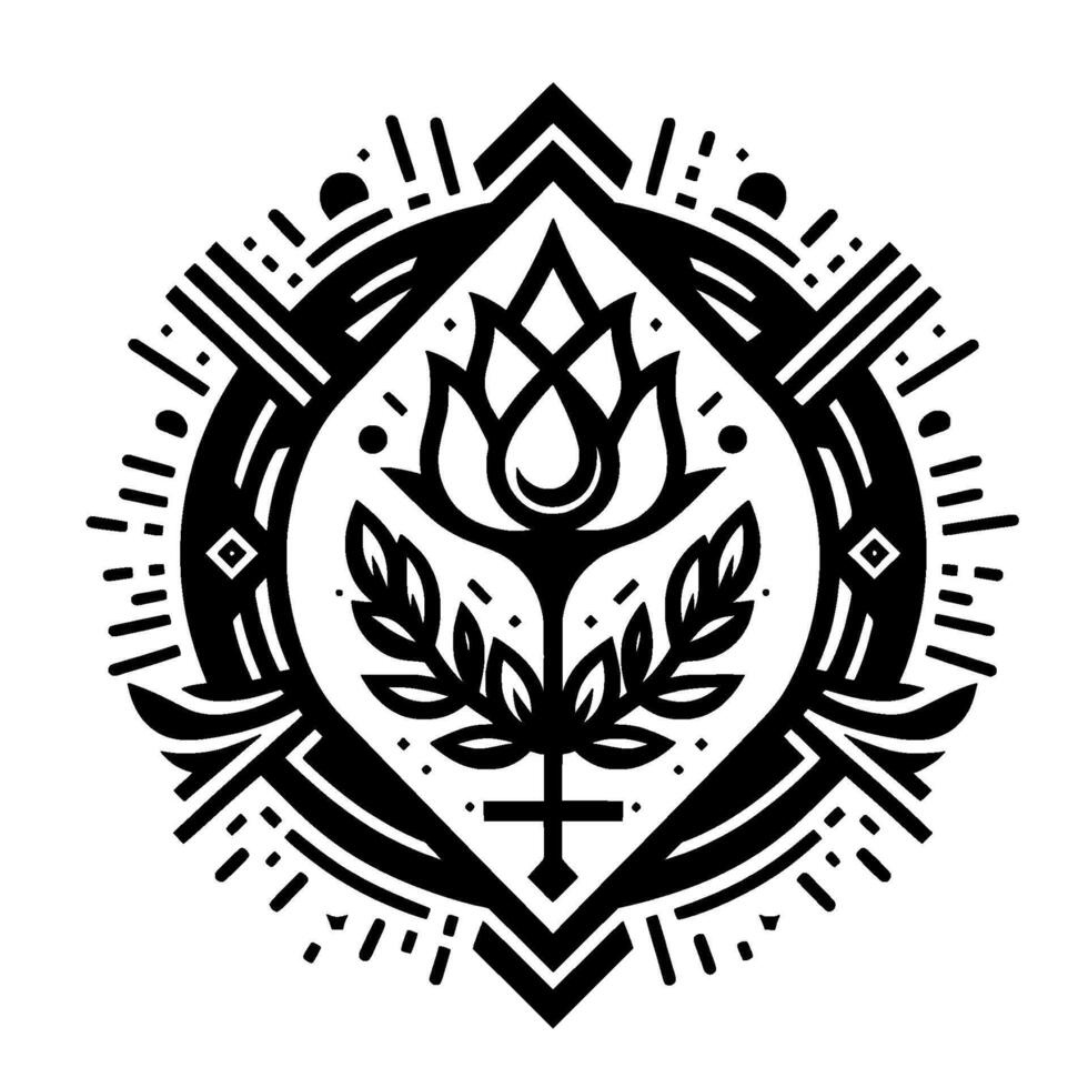 Geometric Black and White Floral Emblem with Lotus, Cross, and Abstract Ornamental Border Elements on a White Backdrop. vector