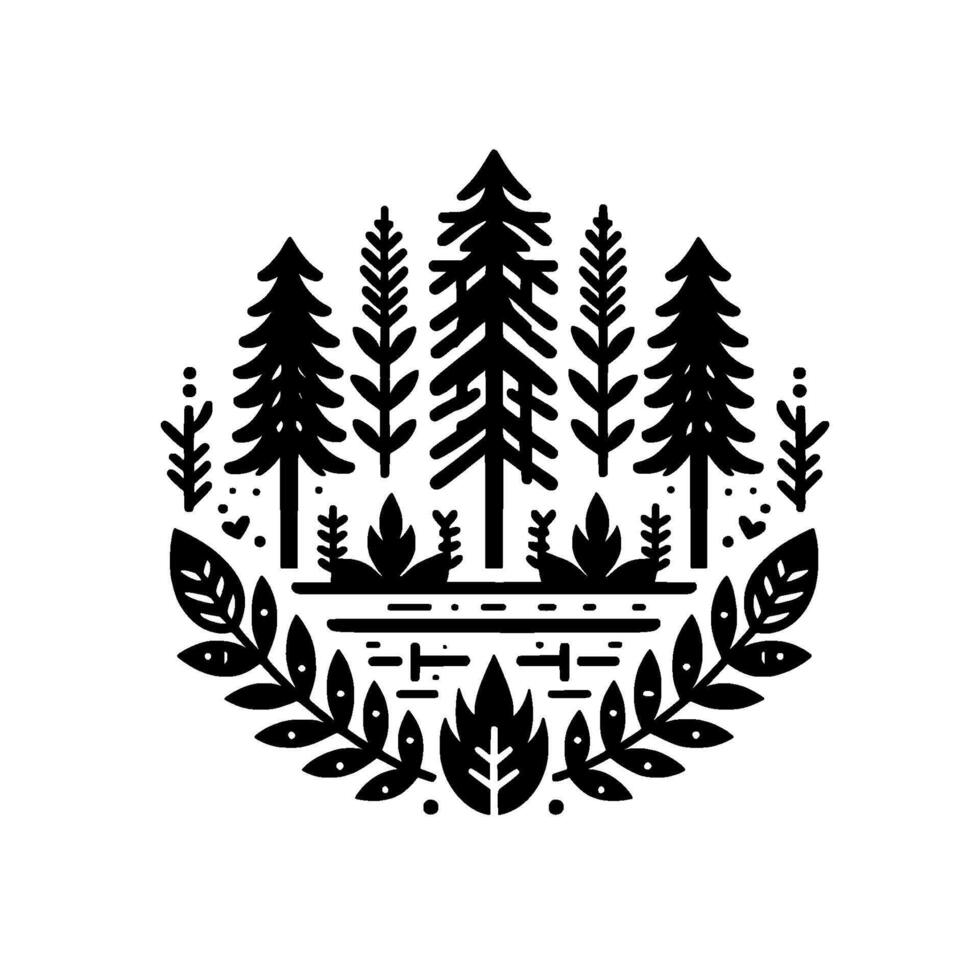 Stylized Monochrome Forest Scene within a Circle, Featuring Trees, Leaves, and Minimalist Nature Art. vector