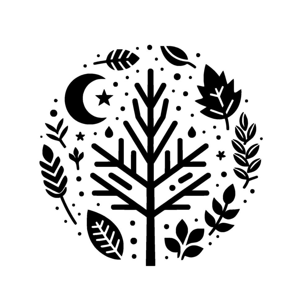 Minimalist, Circular Black and White Illustration with Tree, Crescent Moon, Star, Leaf Floral Elements vector