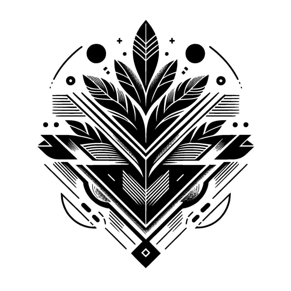 Intricate Black and White Geometric Botanical A symmetrical composition featuring stylized leaves, lines, shapes, and abstract elements. vector
