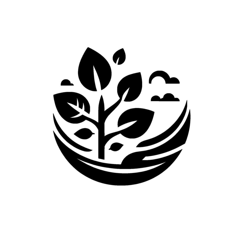 Black and white emblem depicting a sprouting tree in a handshaped cradle, symbolizing growth, protection, and the environment, with simple cloud details. vector