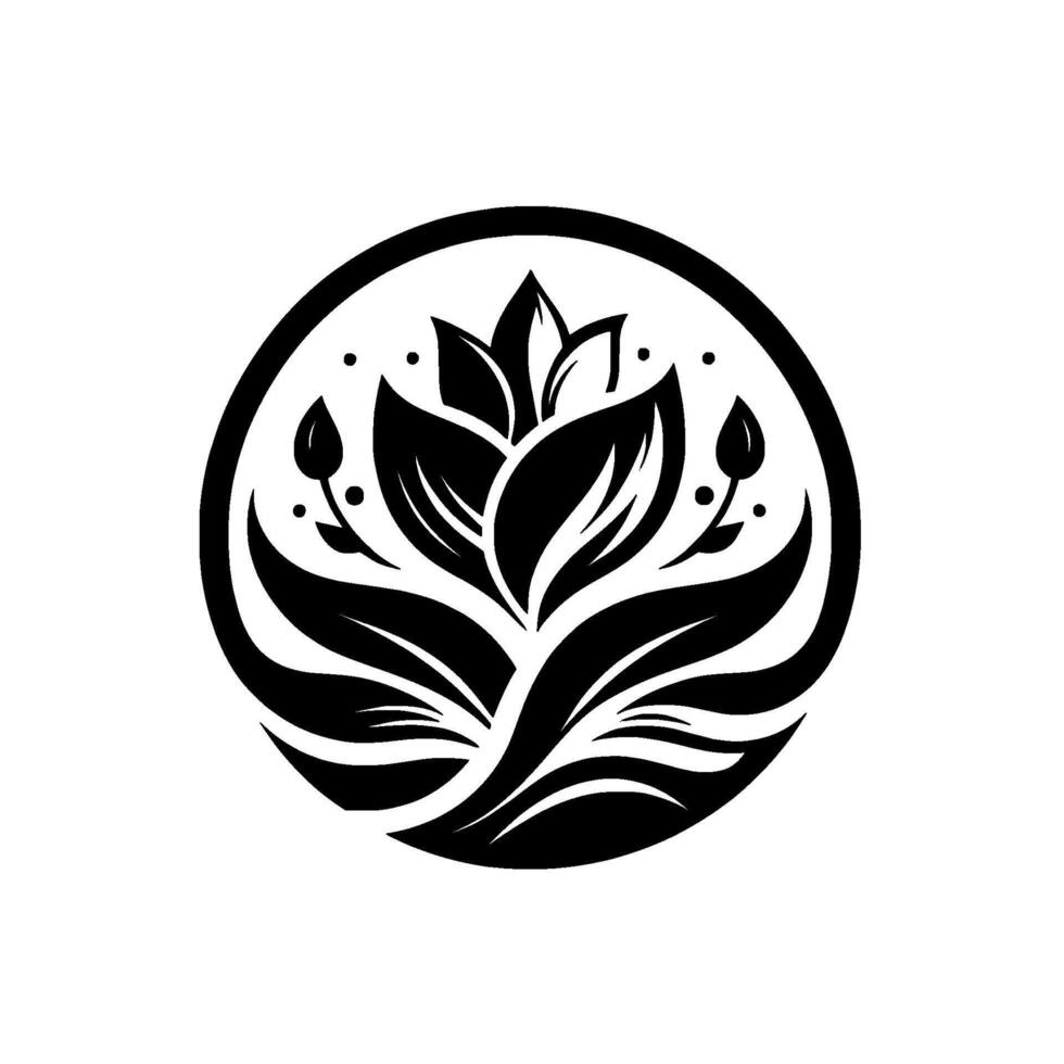 Black and White Circular Floral Emblem with a Central Lotus, Budding Leaves, and Elegant, Minimalist Aesthetic. vector