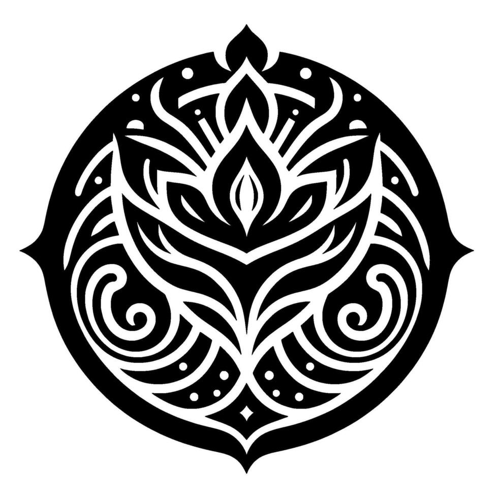 A symmetrical, ornate black and white floral mandala , featuring stylized petals, swirls, and dot details within a rounded frame. vector