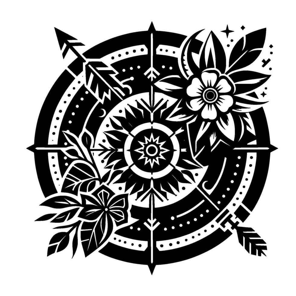 Black and White Circular Decorative Featuring Floral Elements, Arrows, and CompassInspired Composition. vector