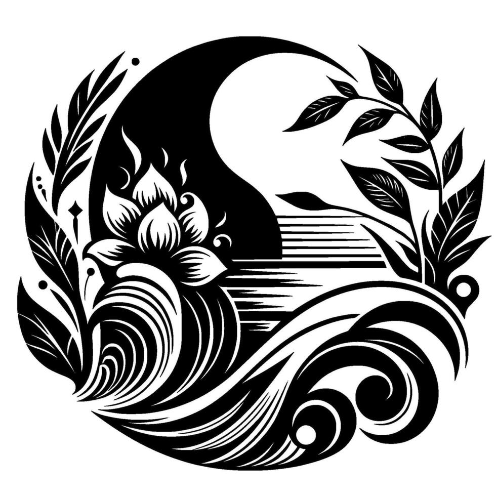 A symmetrical yinyang themed composition, integrating floral, water and foliage elements in black and white, enclosed in a circular frame. vector