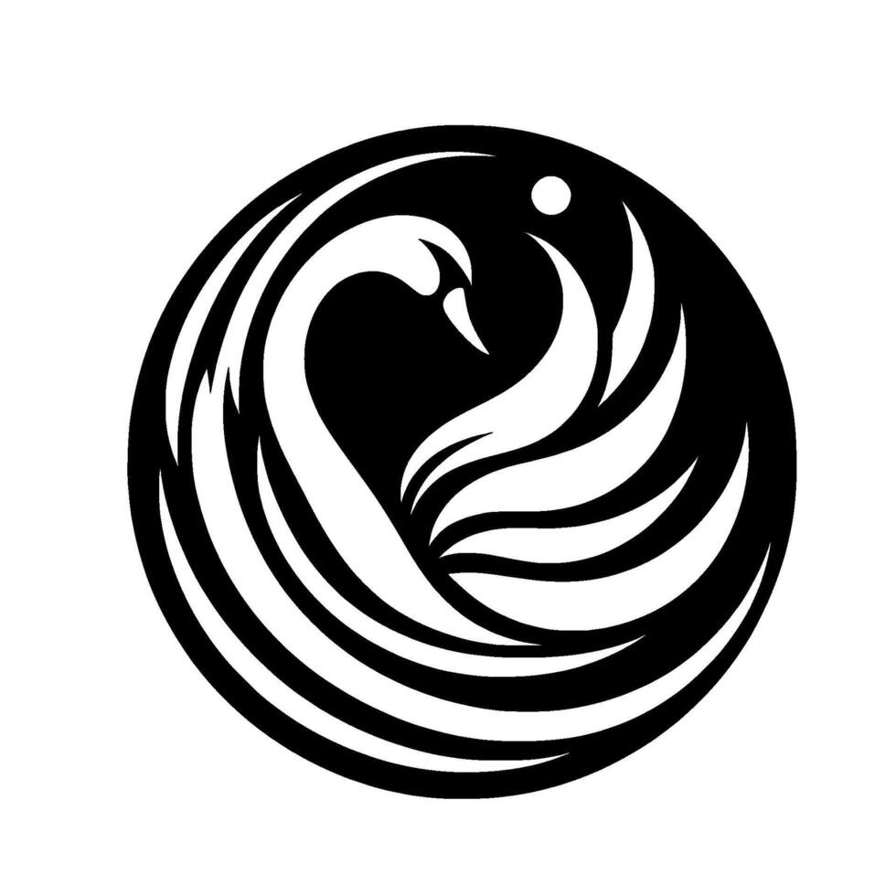 Elegant Monochrome Swan in a Circle, featuring a stylized bird with flowing wings, and a small dot, perfect for branding. vector