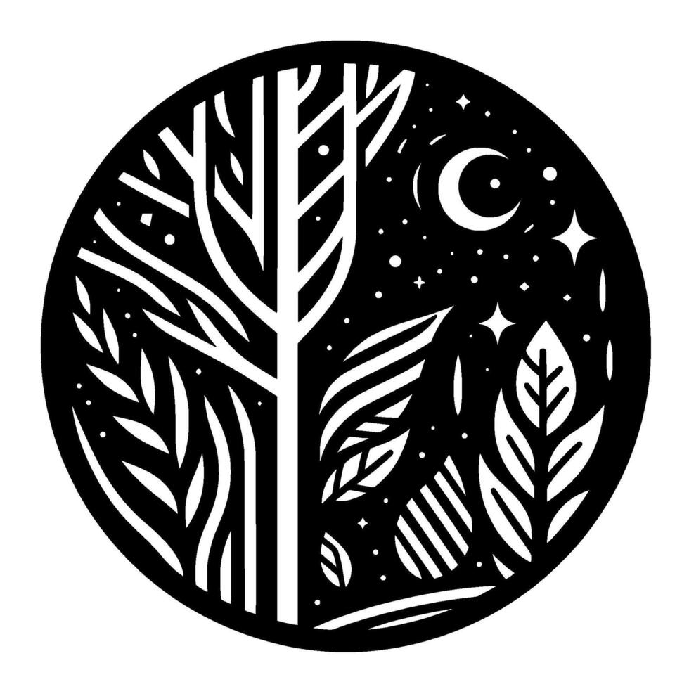 Intricate Black and White Circular Featuring a Central Tree, Foliage, Crescent Moon, and Stars Depicting a Nighttime Scene. vector