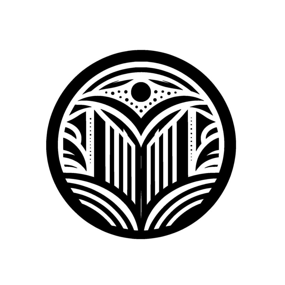 Monochromatic, symmetric circular , with a central stylized M comprised of vertical bars, intricate decorative patterns, and a focal dot. vector