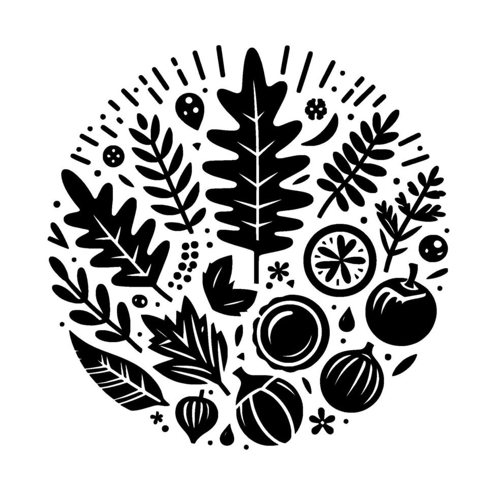 Black and white circular illustration stylized autumn harvest, featuring leaves, fruits, and nuts in a minimalist . vector