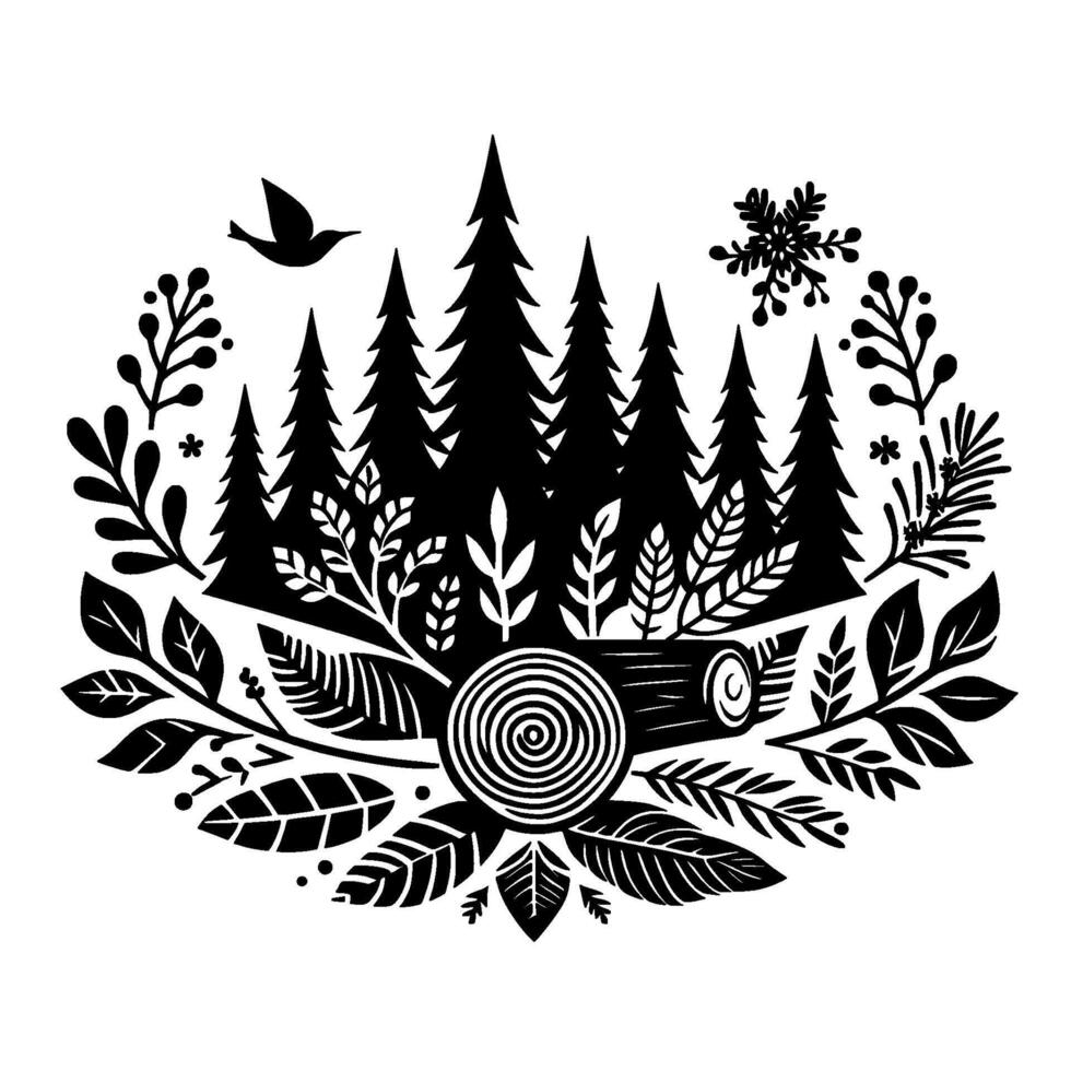Black and White Forest Illustration Pine trees with foliage, bird, and snowflake, centered around a cut tree log with an organic, stylized . vector