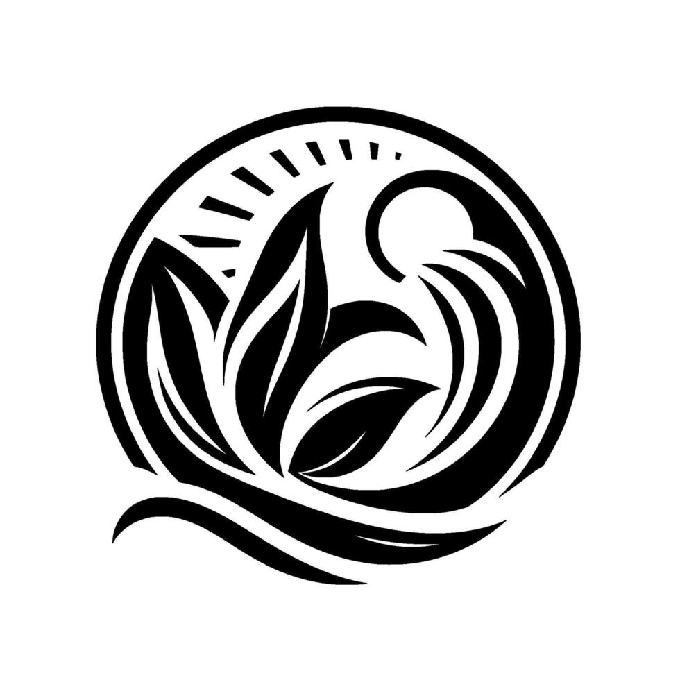 Intricate Black White Circular Botanical with stylized leaves, sun, and waves, evoking nature and balance. vector