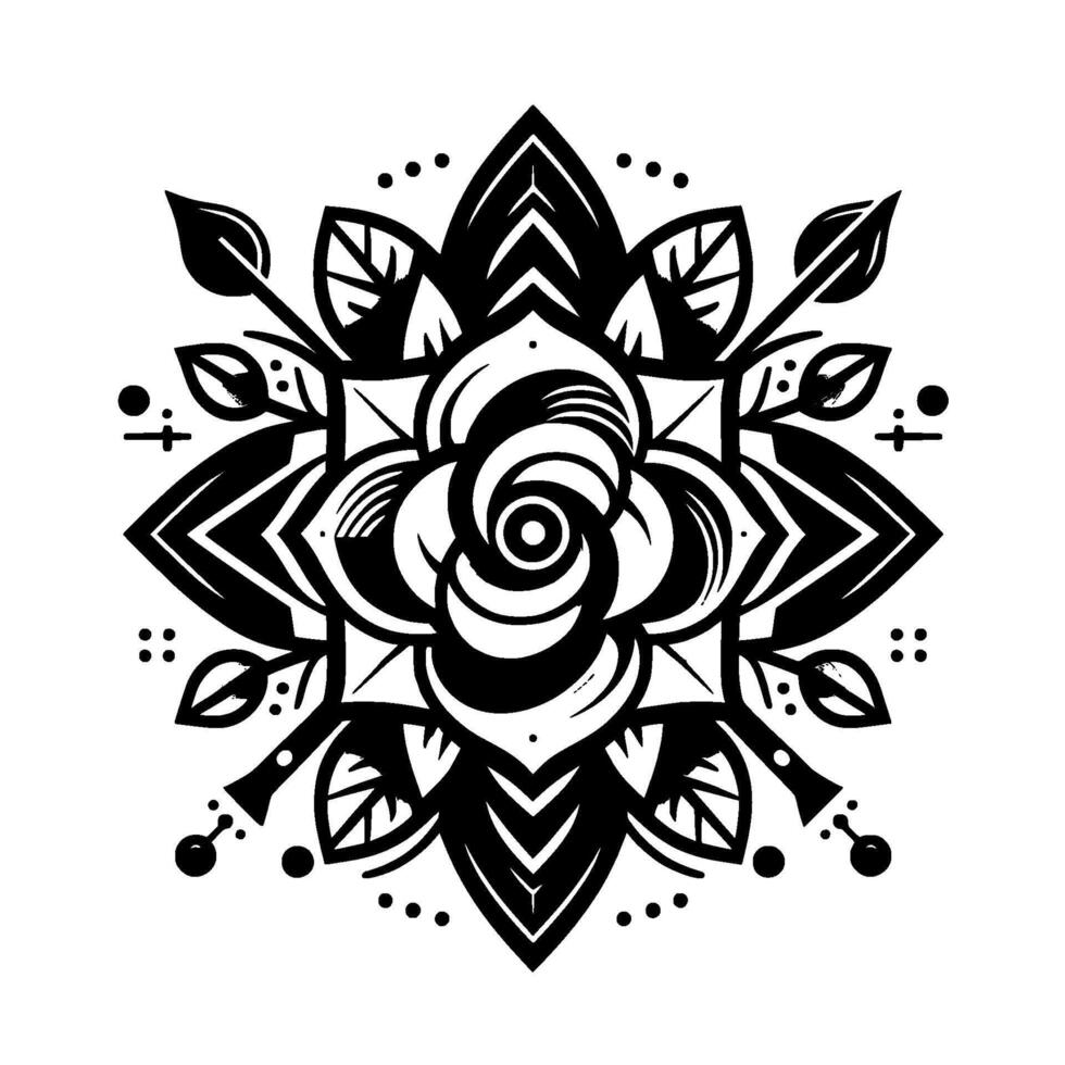 Symmetrical Black and White Floral Tattoo with Rose at Center, Surrounded by Leaves and Geometric Elements. vector