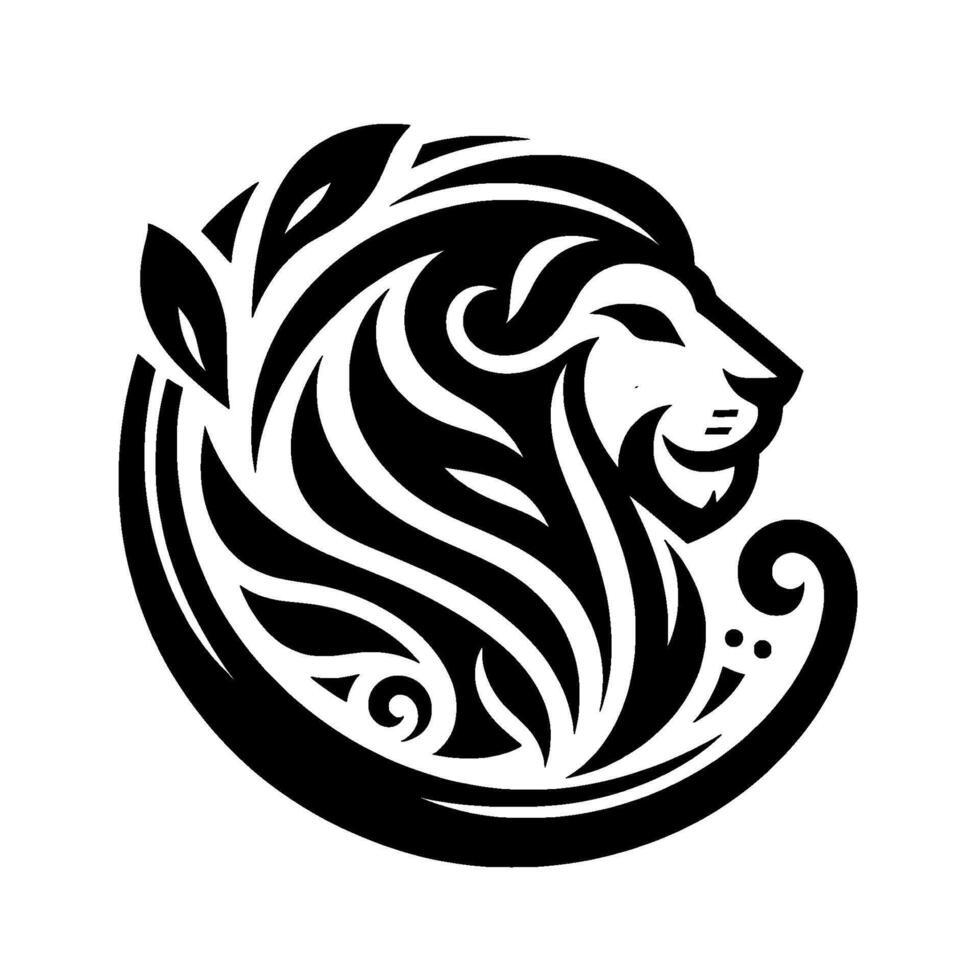 A stylized black and white illustration of a lions head within a circular floral , perfect for a . vector